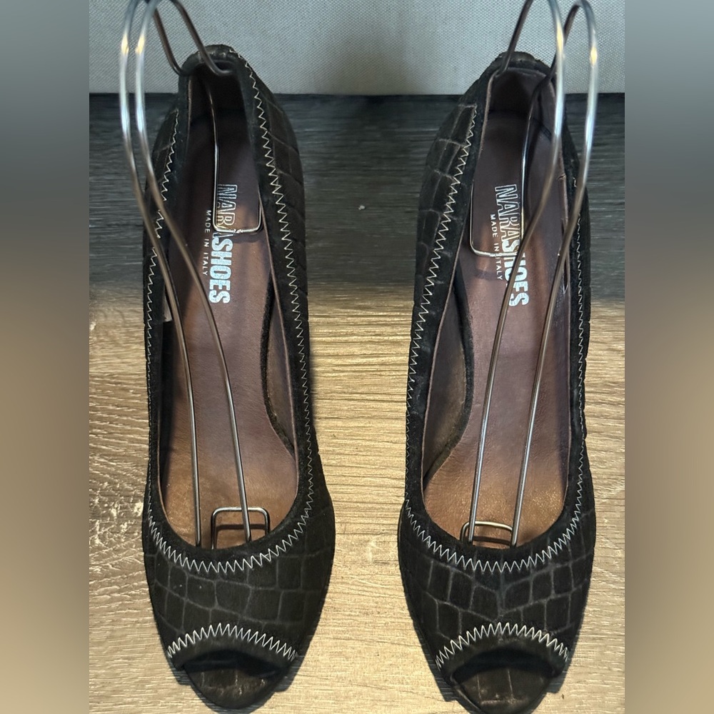 Women Nara Shoes Made in Italy Black Leather Suede Peep Toe Heels Business